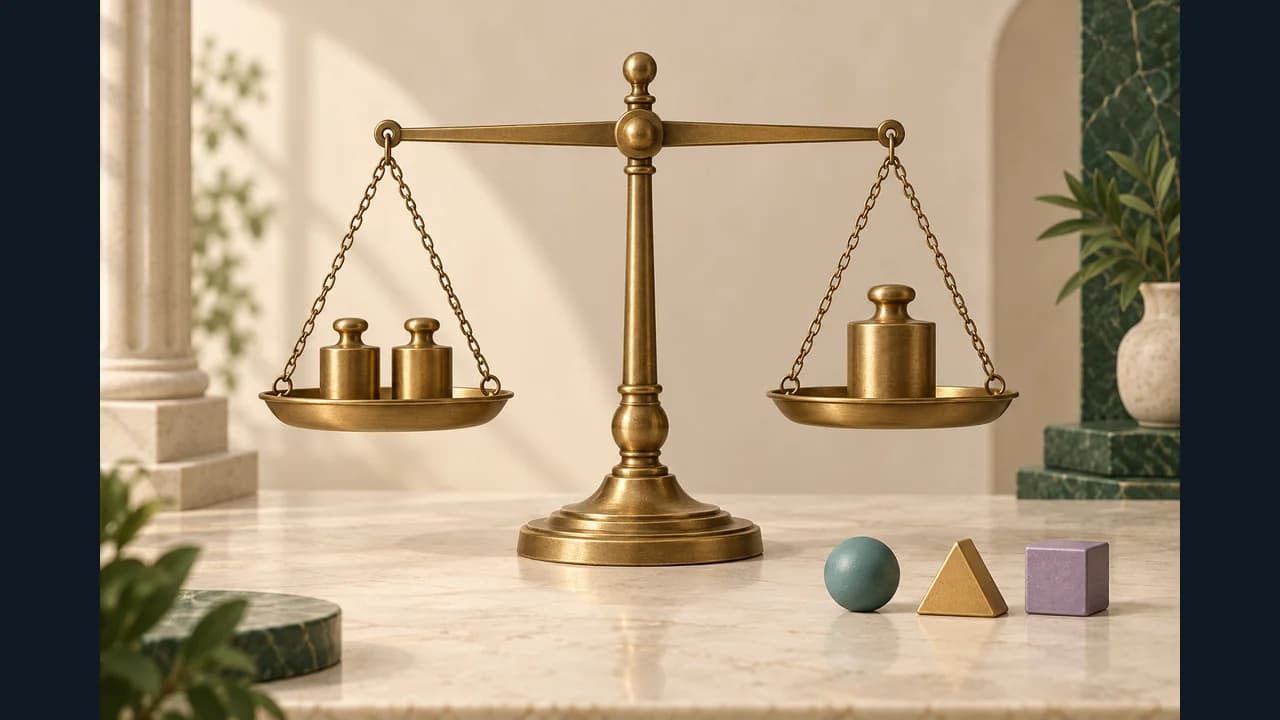 Portada de Equilibrio con una balanza, pesas y figuras geométricas sobre una mesa