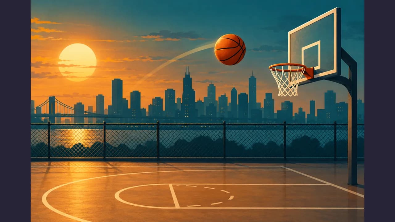 Portada de Basketball Shooting con un balón y una canasta en una cancha al atardecer
