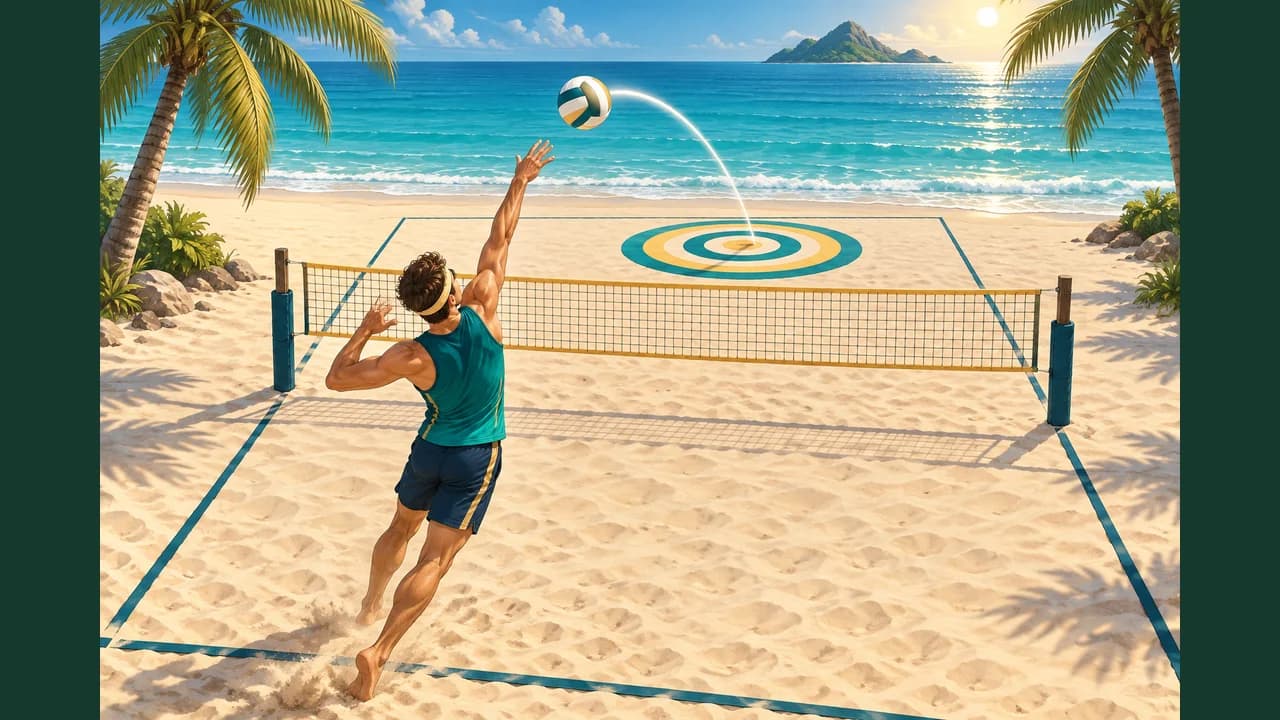 Portada de Vóley Playa Precisión con un jugador sacando hacia una diana en la arena