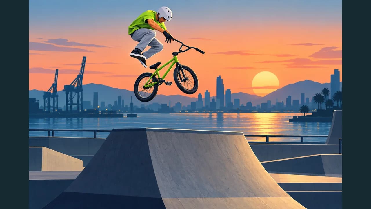 Portada de BMX Stunt Park con un ciclista saltando una rampa junto al puerto al atardecer