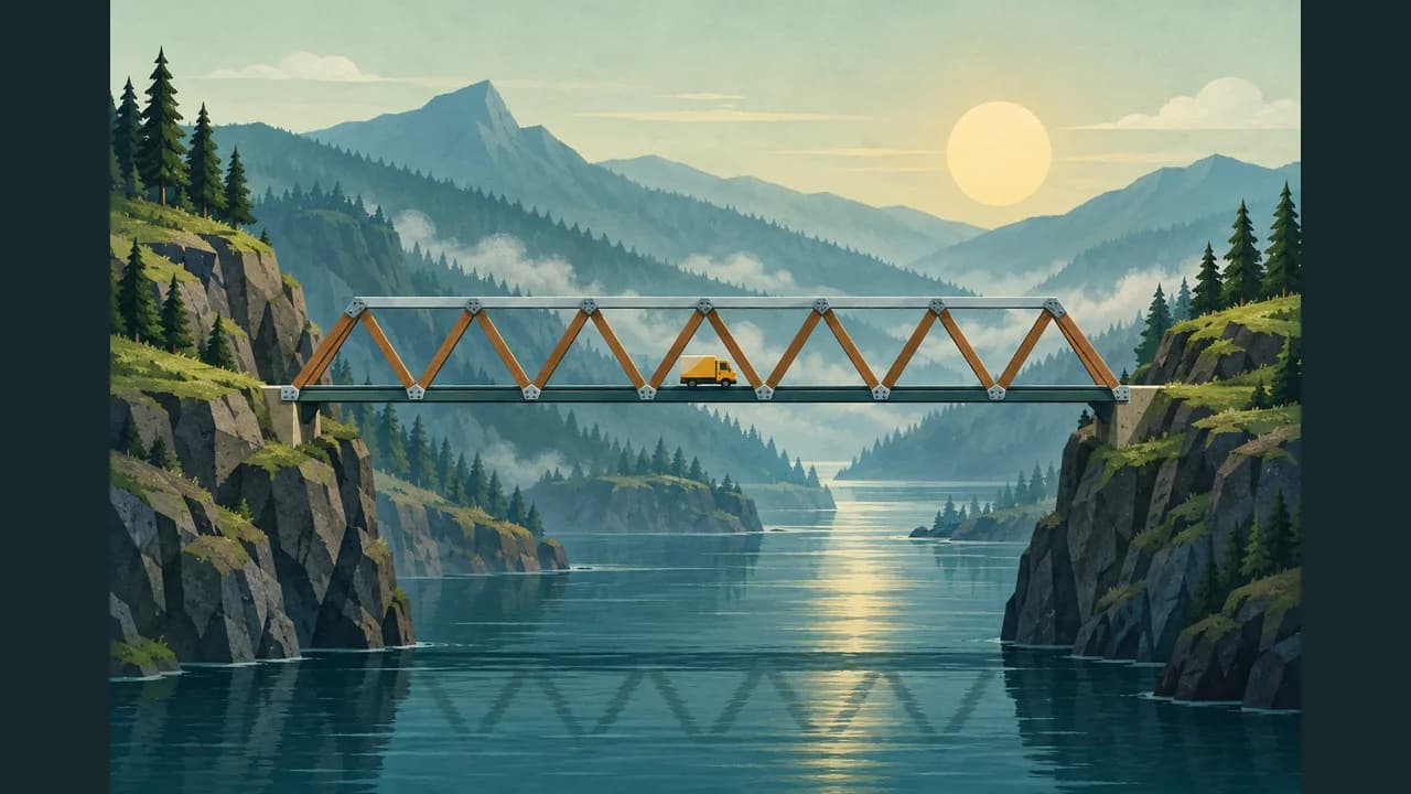 Portada de Bridge Builder con un camión amarillo sobre un puente triangular entre montañas