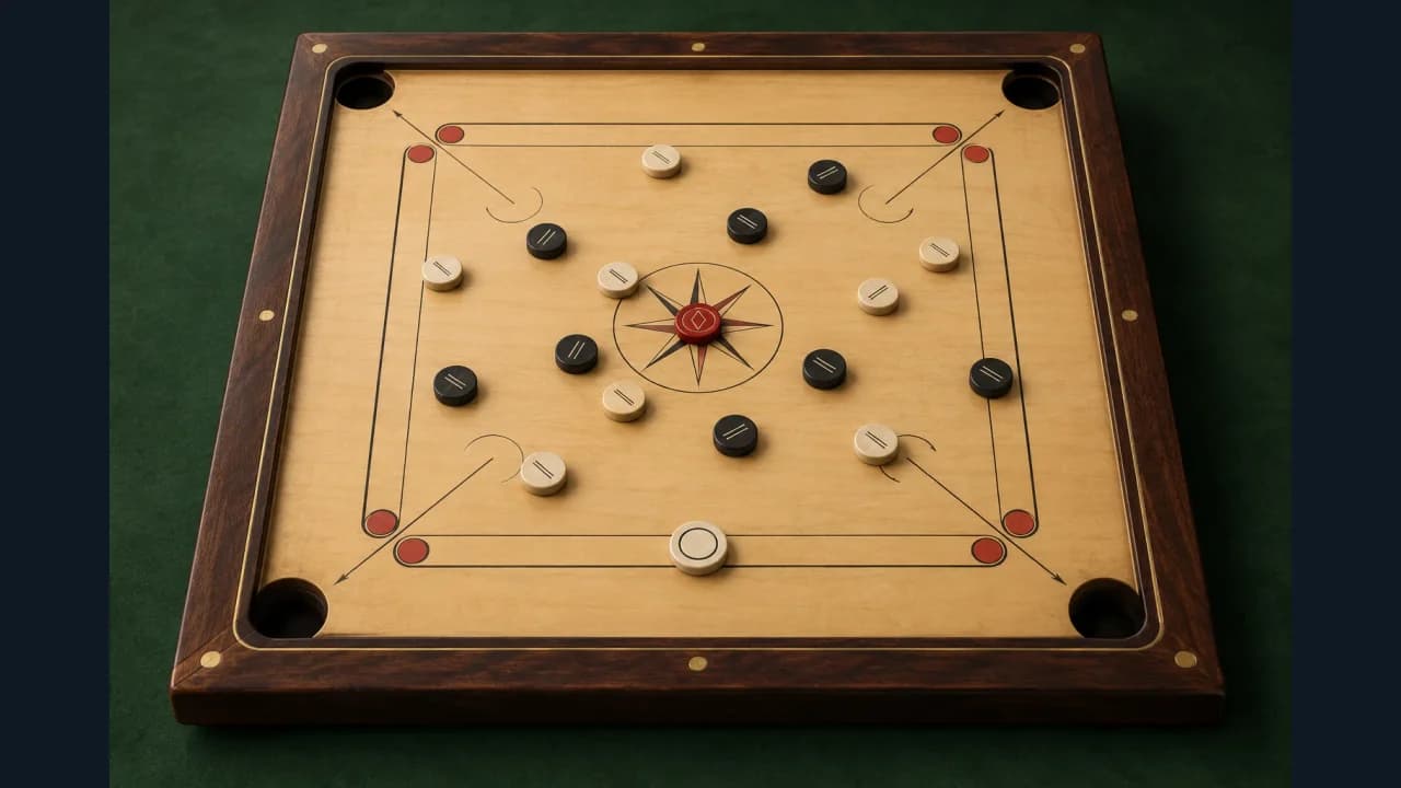 Portada de Carrom Precision con discos sobre un tablero de madera