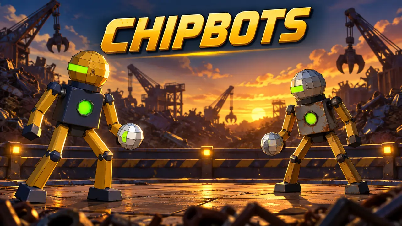 Dos robots modulares de Chipbots, uno dorado y otro de metal oxidado, se enfrentan en una arena de chatarra al atardecer.