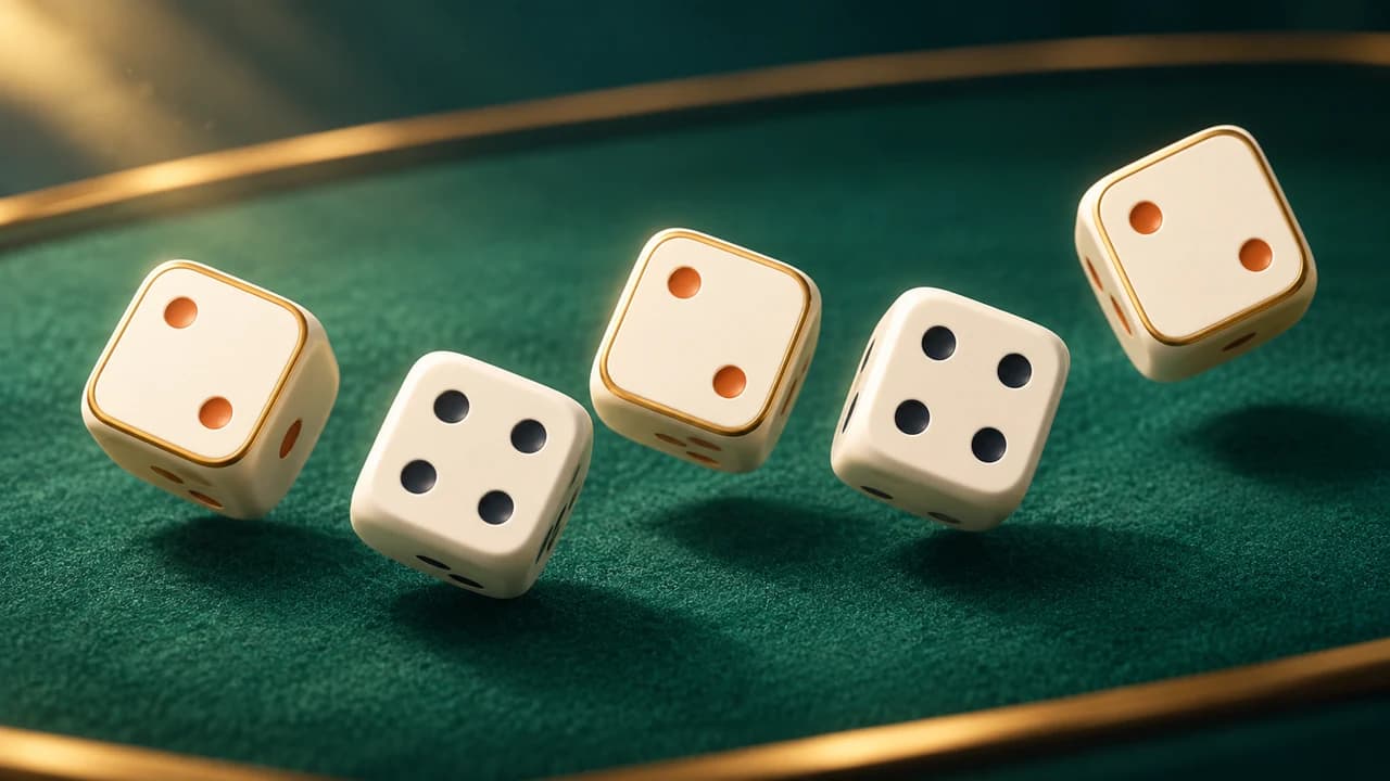 Portada de Cinco Dados: cinco dados de marfil con puntos negros y dorados sobre fieltro verde