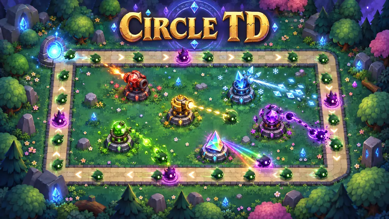 Portada de Círculo TD con torres de gemas defendiendo un camino cerrado entre árboles y cristales