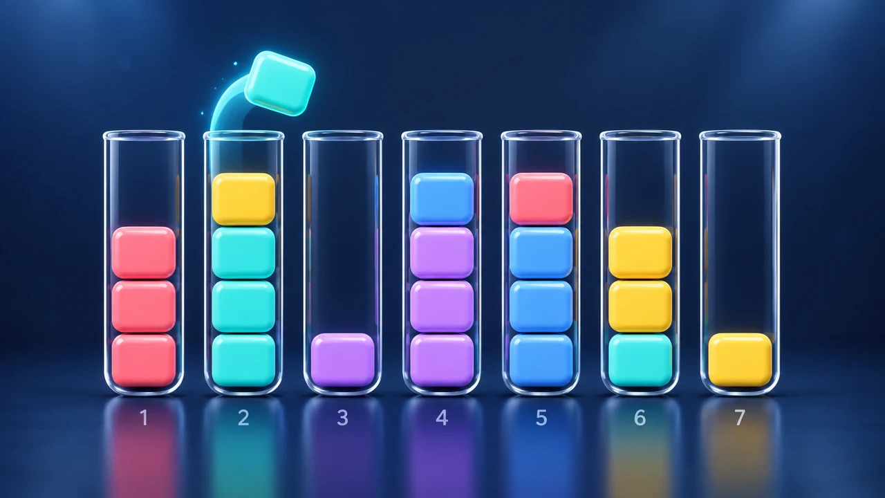 Portada de Color Sort: piezas de colores apiladas en tubos transparentes y una pieza cian en movimiento
