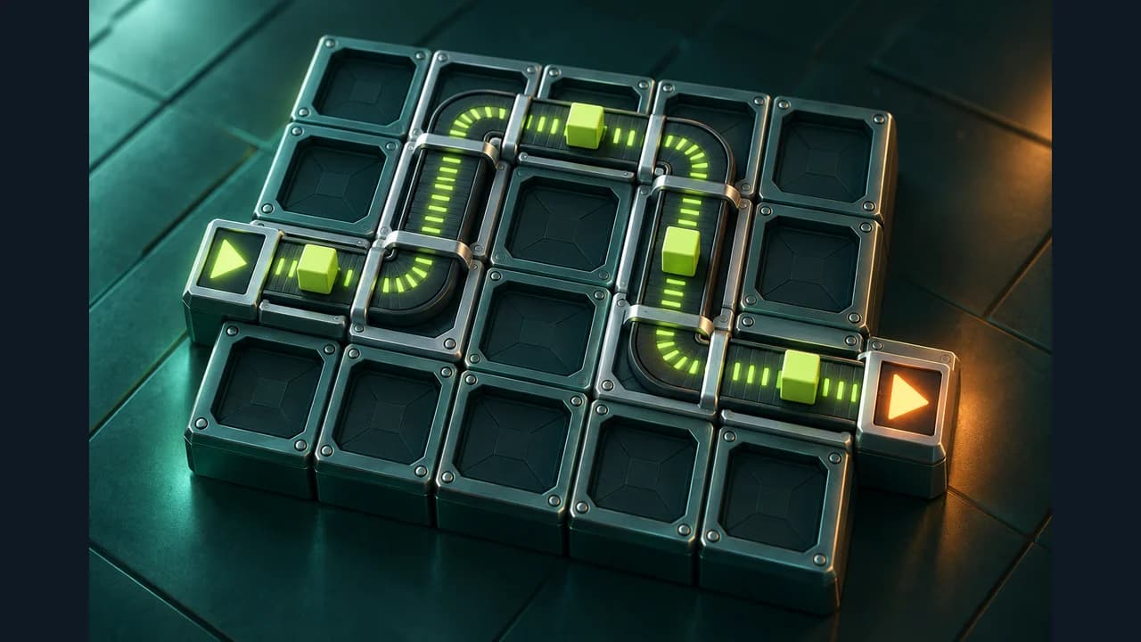 Portada de Conveyor Circuit con cintas iluminadas, una entrada verde y una salida naranja