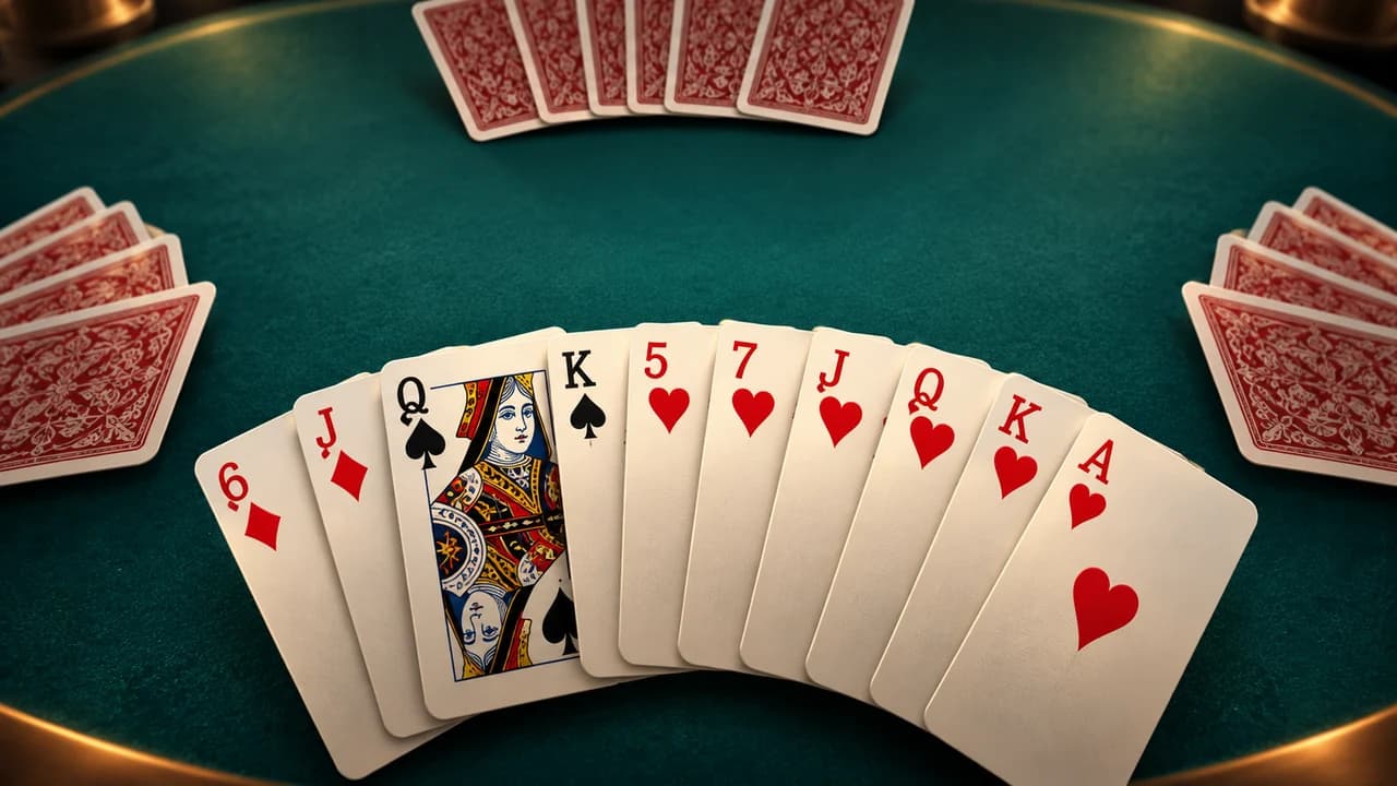Portada de Corazones: un abanico de cartas de corazones junto a la reina de picas sobre una mesa verde