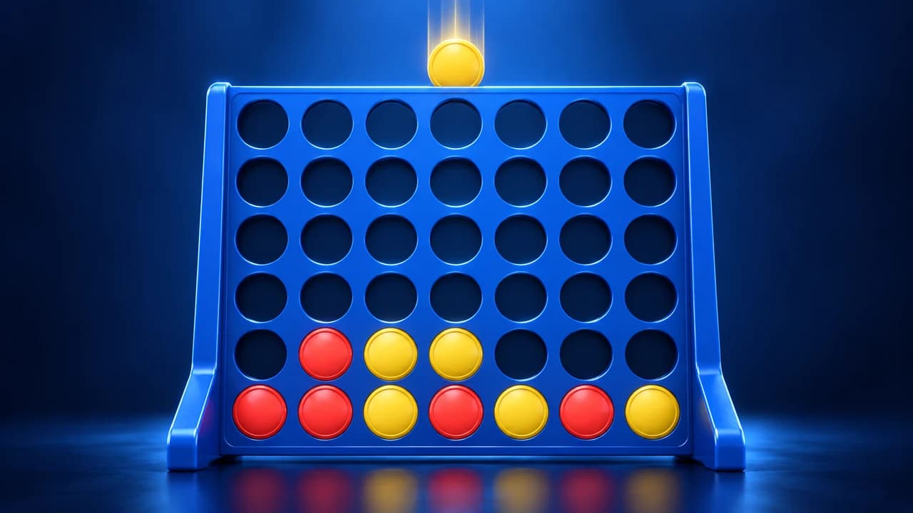 Portada de Cuatro en Raya: fichas rojas y amarillas en un tablero vertical azul