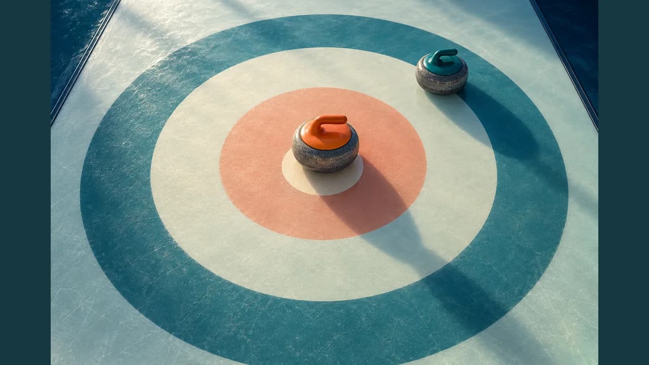 Portada de Curling Precisión con piedras naranja y turquesa sobre el blanco de hielo