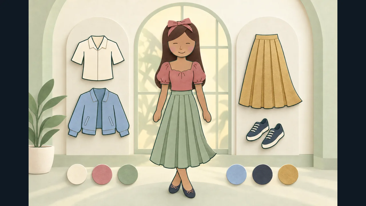 Portada de Dress-Up Studio con una modelo, prendas de ropa y una paleta de colores