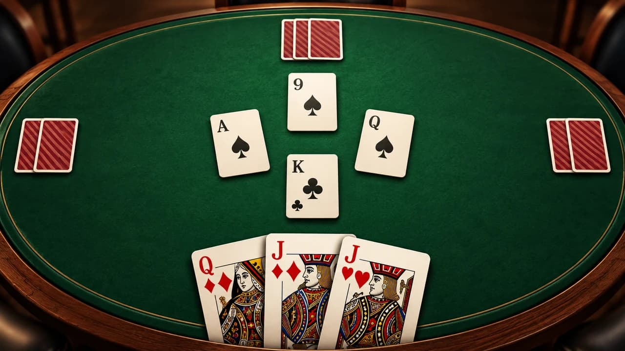 Portada de Euchre con una baza y jotas rojas sobre una mesa ovalada verde