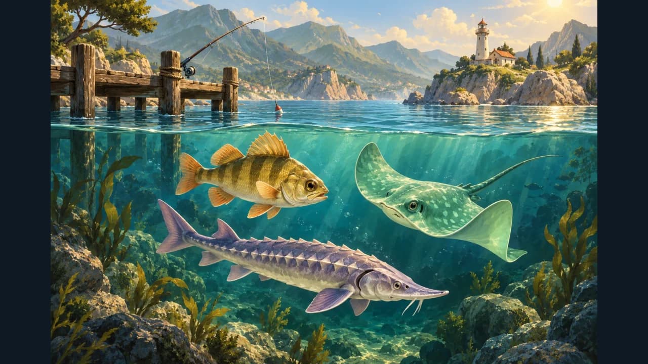 Portada de Tidekeeper con peces bajo un muelle y un faro junto a la costa