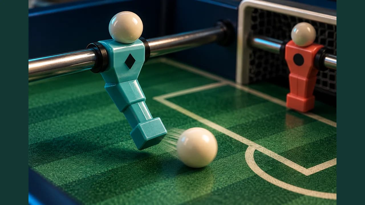 Portada de Futbolín con jugador turquesa, balón y portero coral en una mesa verde