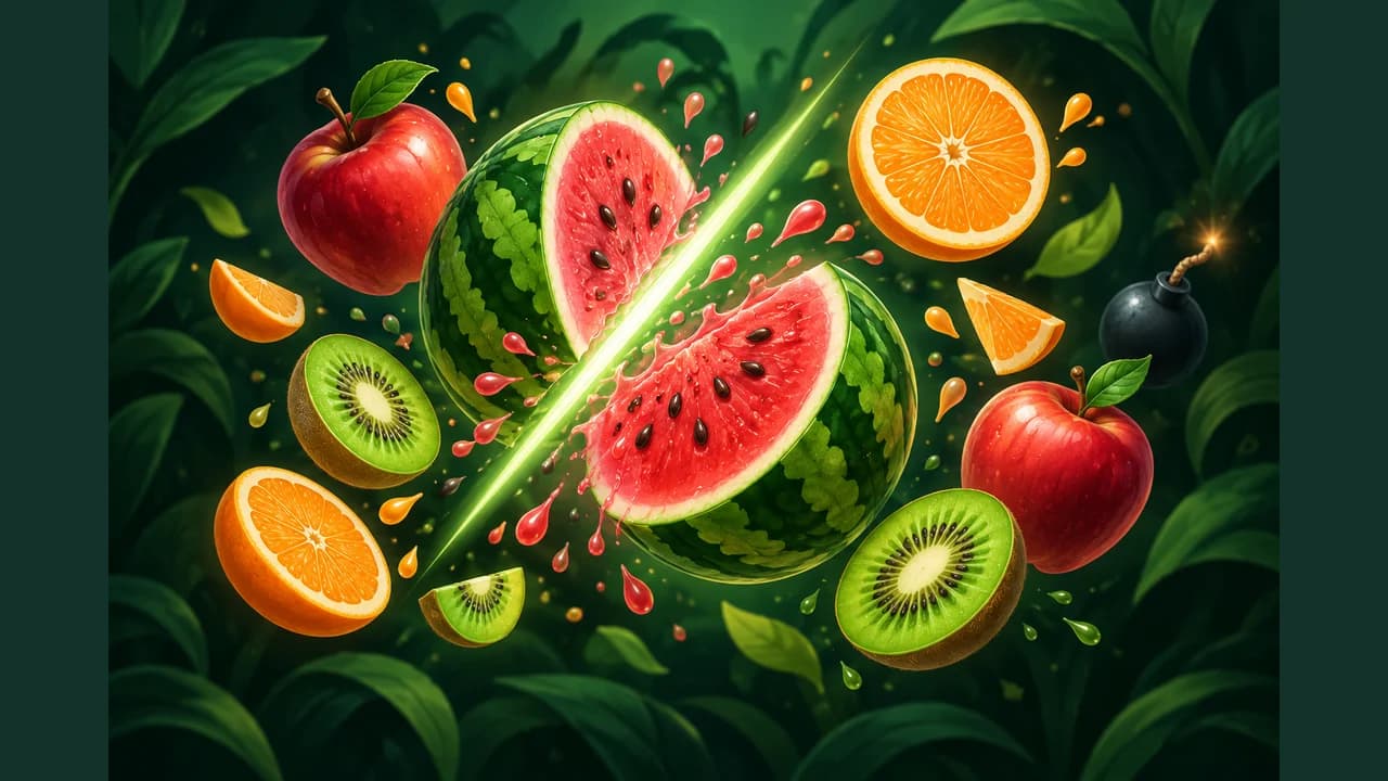 Portada de Corta Frutas con sandía cortada, manzanas, naranja, kiwi y una bomba sobre fondo verde