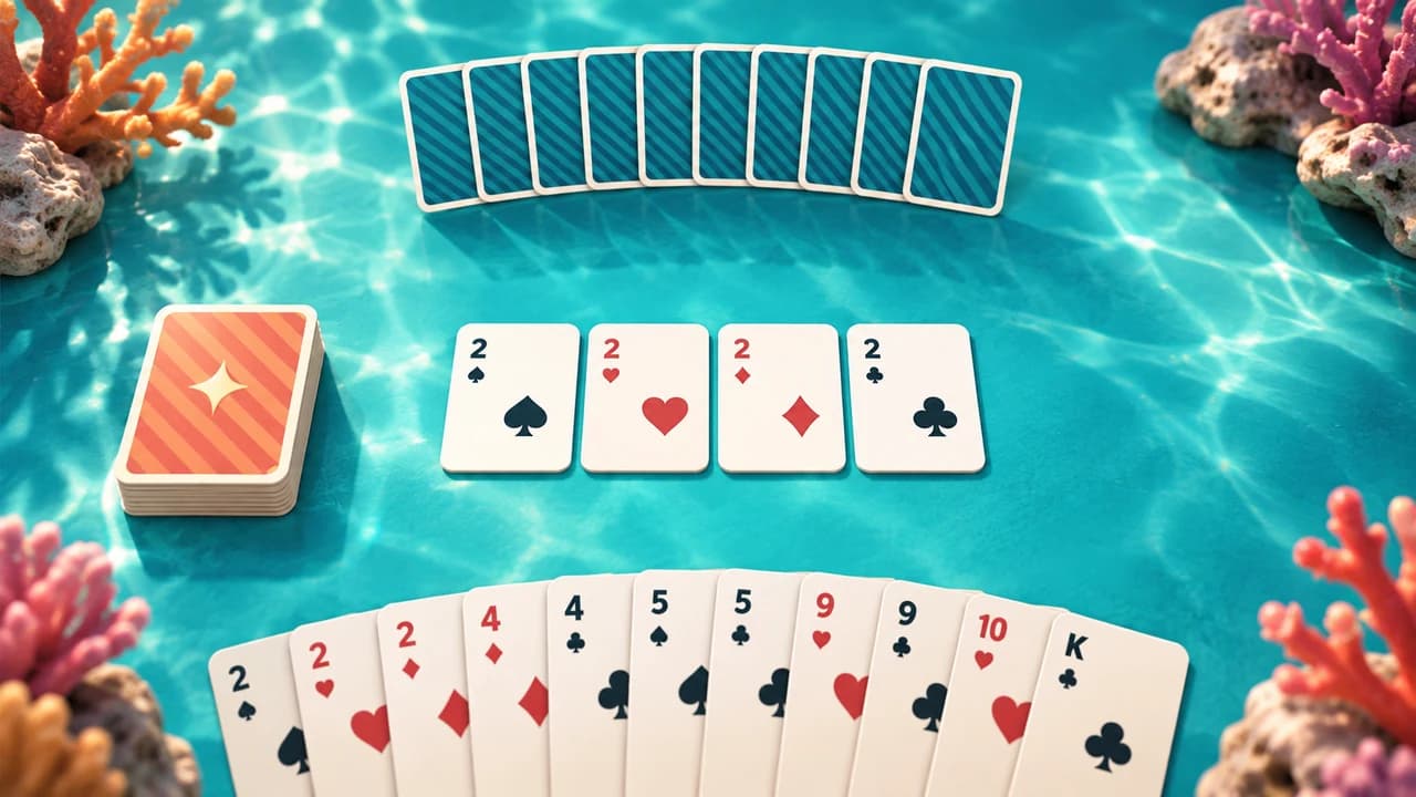 Portada de Go Fish con cuatro doses y cartas sobre un fondo turquesa con corales