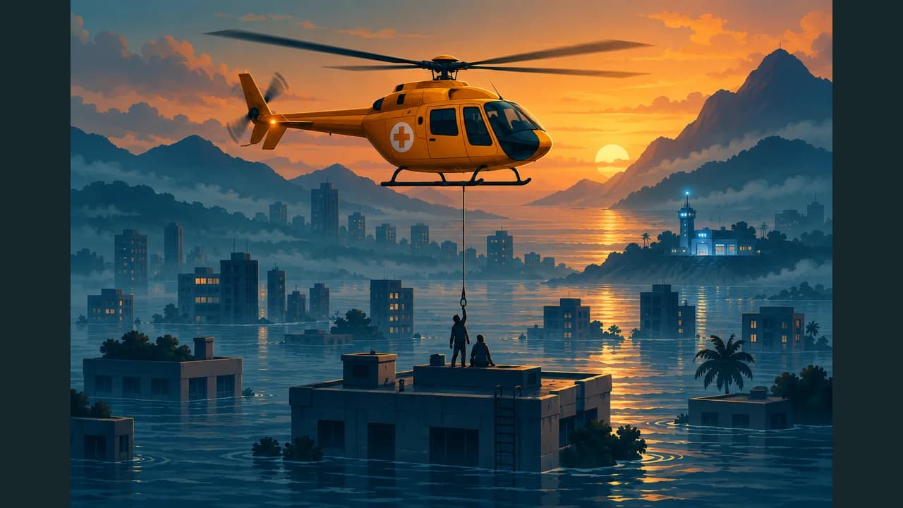Portada de Rescate en helicóptero con un helicóptero naranja izando a una persona en una ciudad inundada