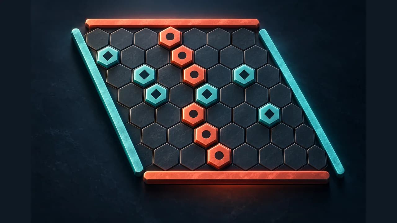 Portada de Hex con fichas coral y turquesa sobre un tablero de hexágonos