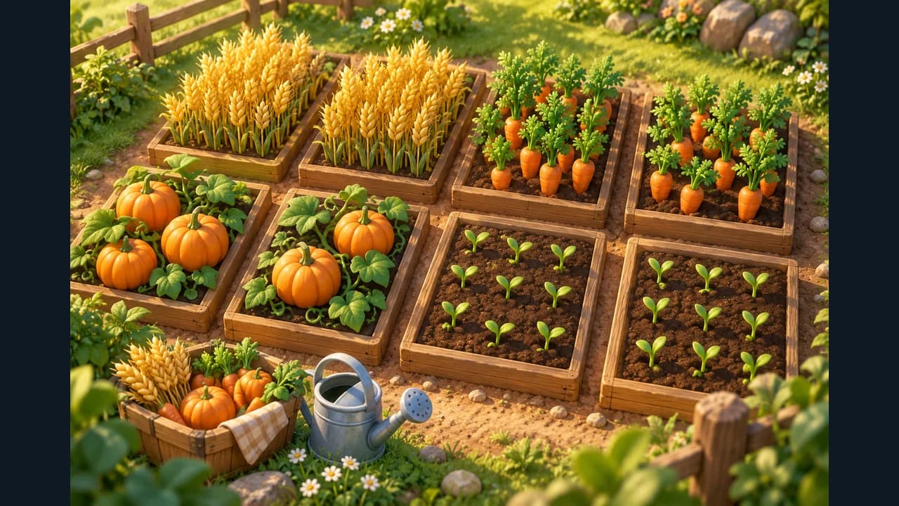 Portada de Granja incremental con parcelas de trigo, zanahorias, calabazas y brotes