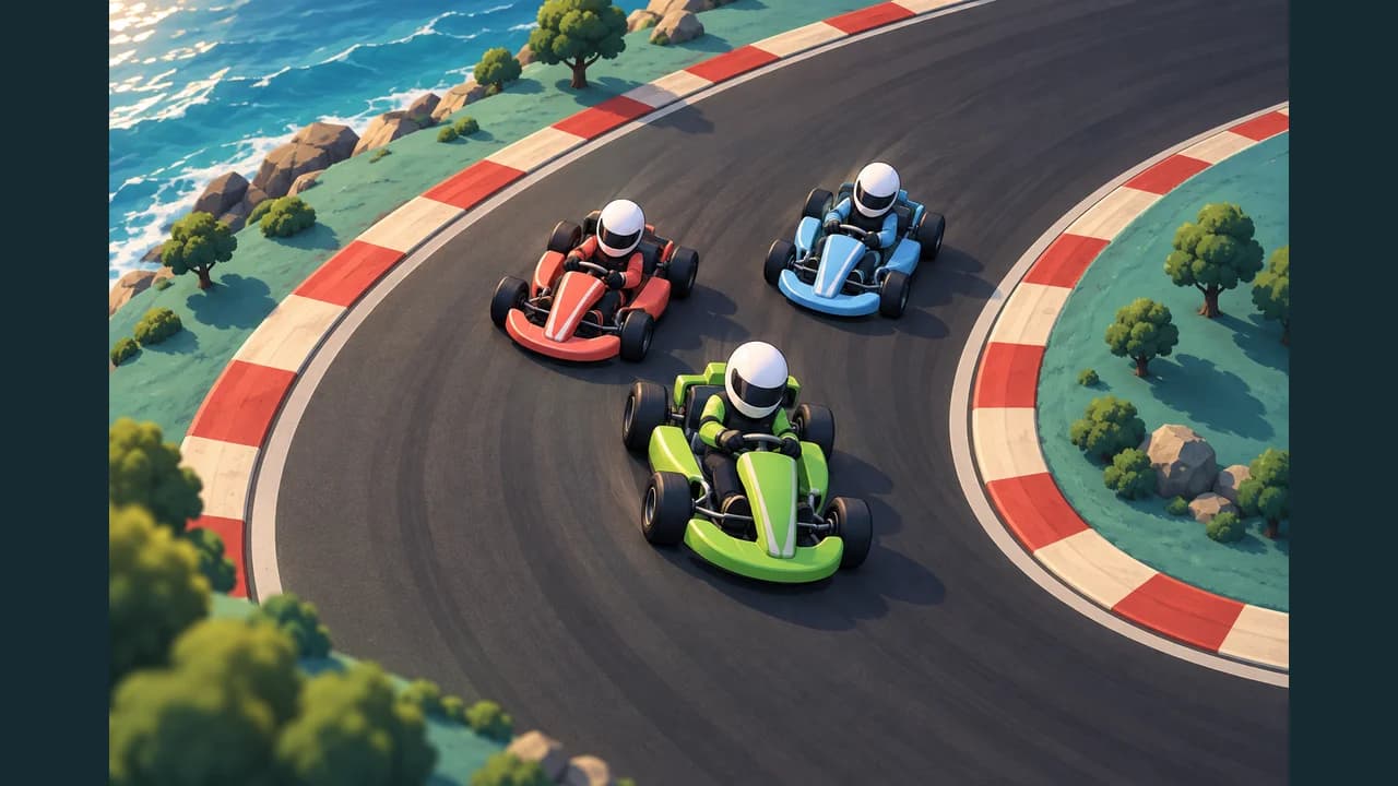 Portada de Carreras de Karts con tres pilotos en karts de colores en un circuito junto al mar