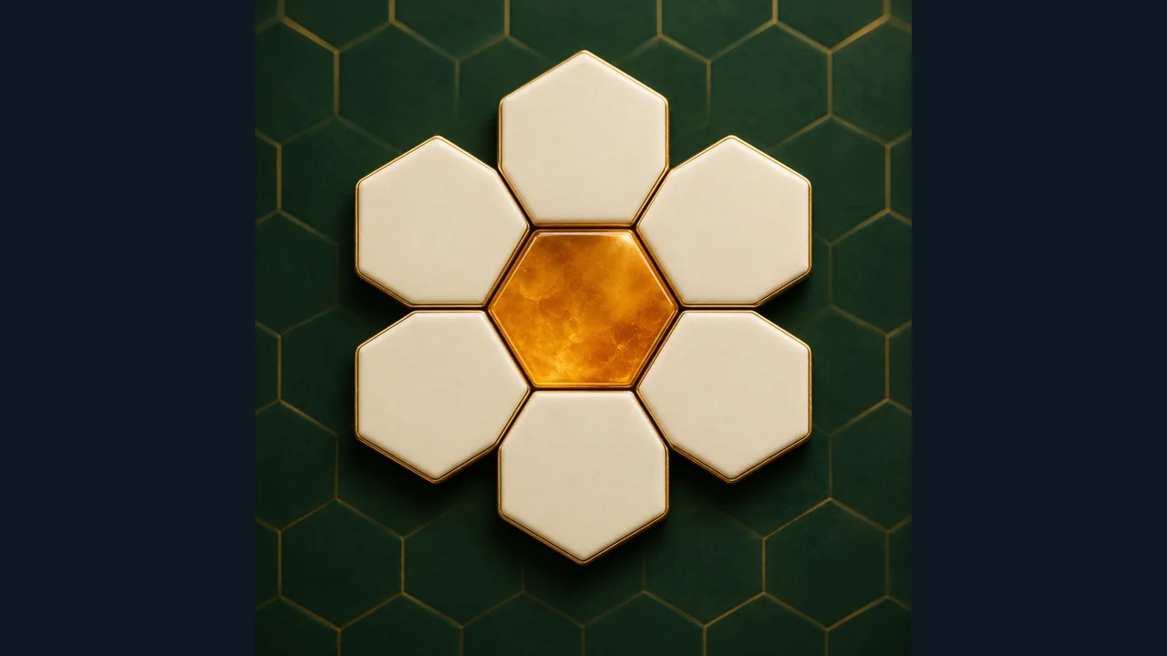 Portada de Palabras en panal con fichas hexagonales claras y una pieza central dorada