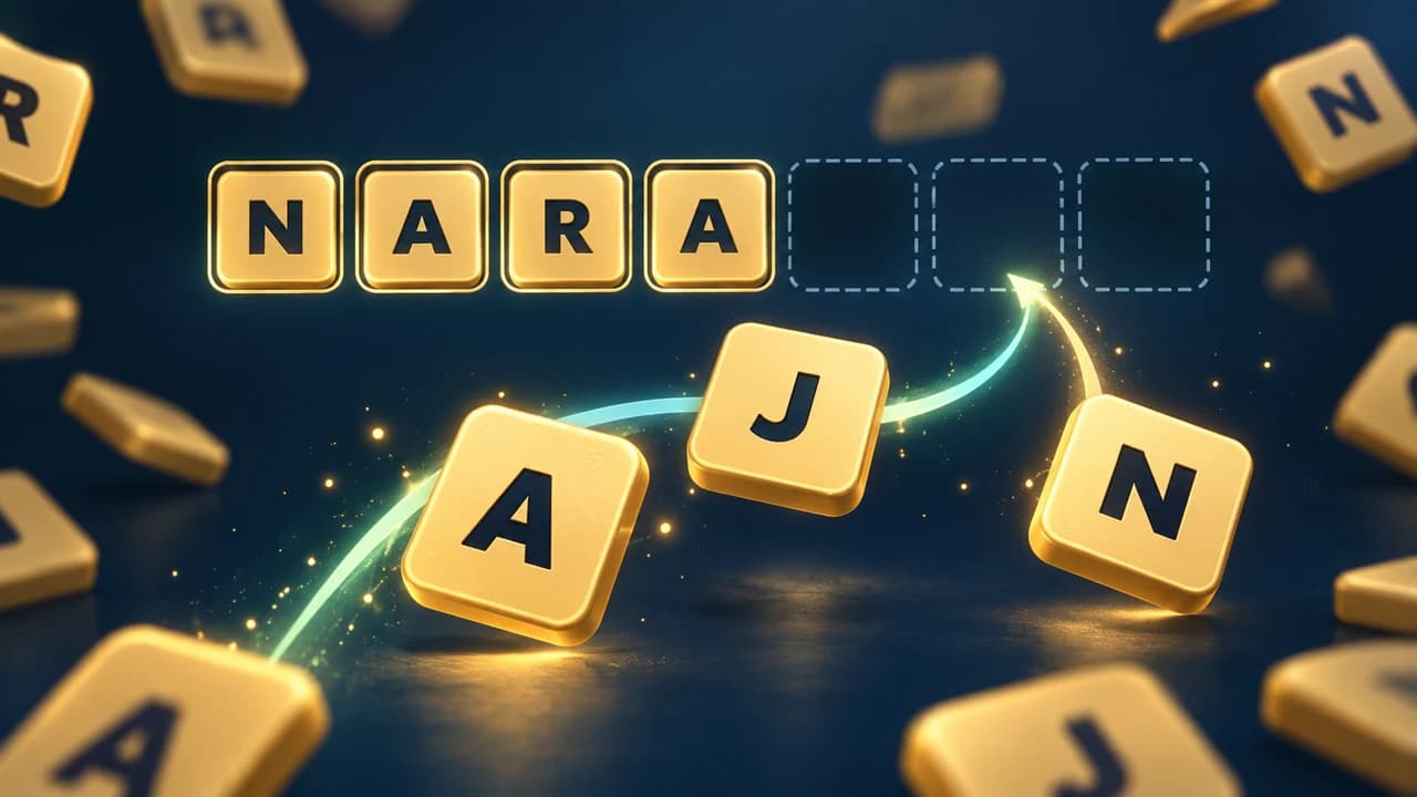 Portada de Letter Trail: letras doradas se acercan a huecos de respuesta sobre una ruta luminosa