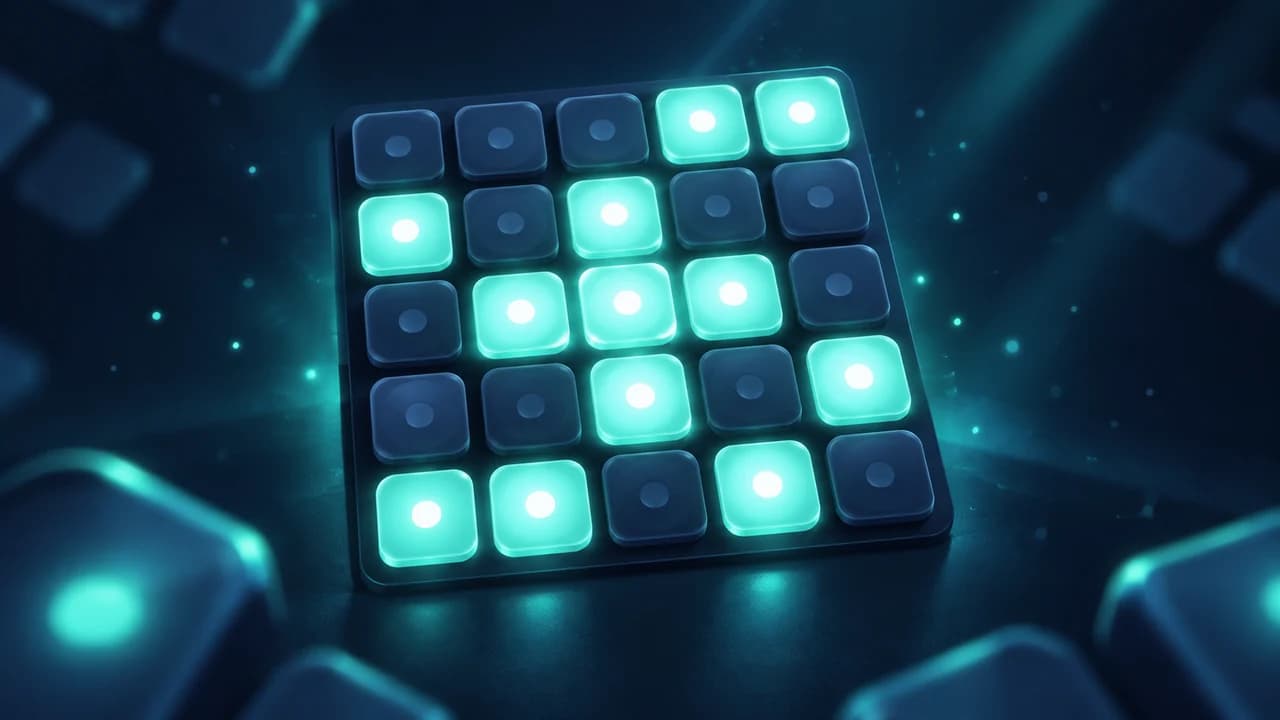 Portada de Light Grid con una cuadrícula de botones azul oscuro y luces turquesa