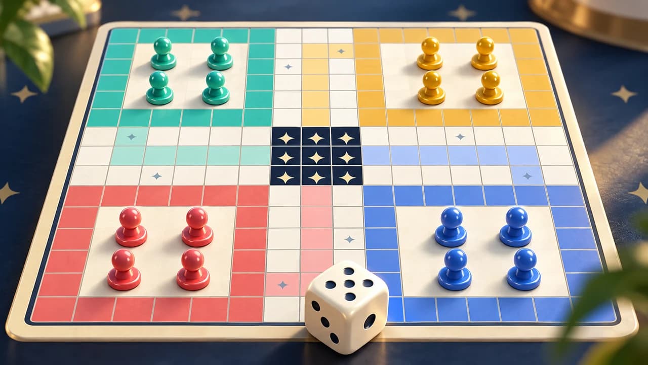 Portada de Ludo Casa: cuatro grupos de fichas menta, doradas, coral y azules en un tablero junto a un dado