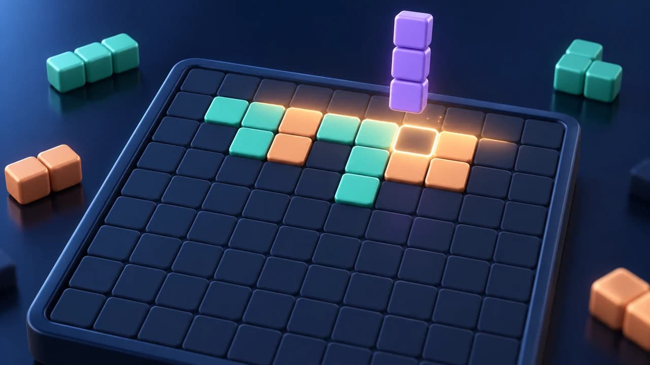 Portada de Luma Blocks: piezas de bloques menta, melocotón y violetas sobre un tablero azul oscuro