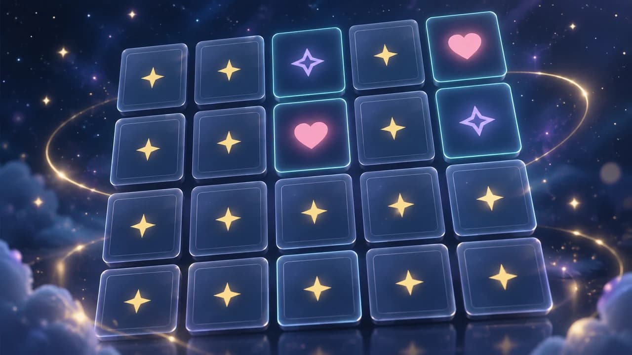 Portada de Lumen Pairs: parejas de corazones rosas y estrellas violetas entre cartas azules con estrellas doradas