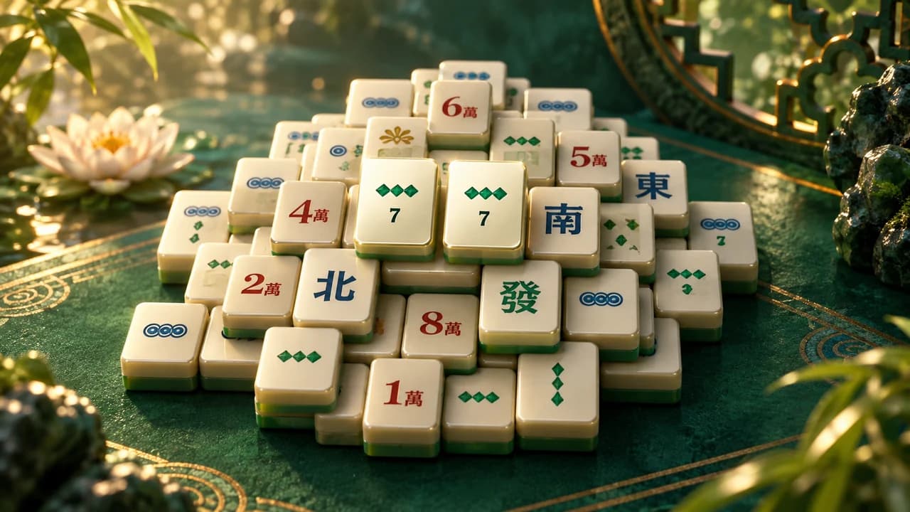 Portada de Mahjong Solitario: fichas de marfil con marcas de colores sobre un tablero verde
