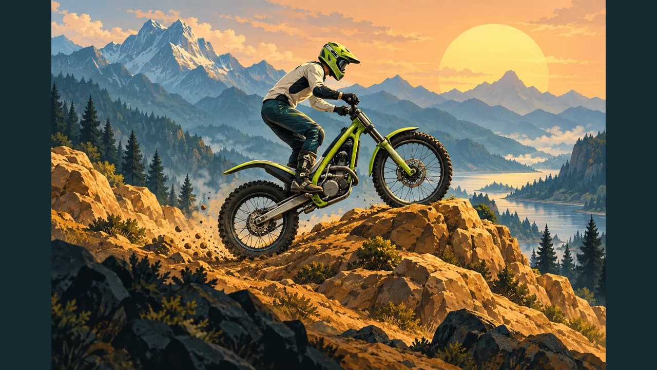 Portada de Motorbike Trials con un piloto en moto verde subiendo una ladera rocosa al atardecer