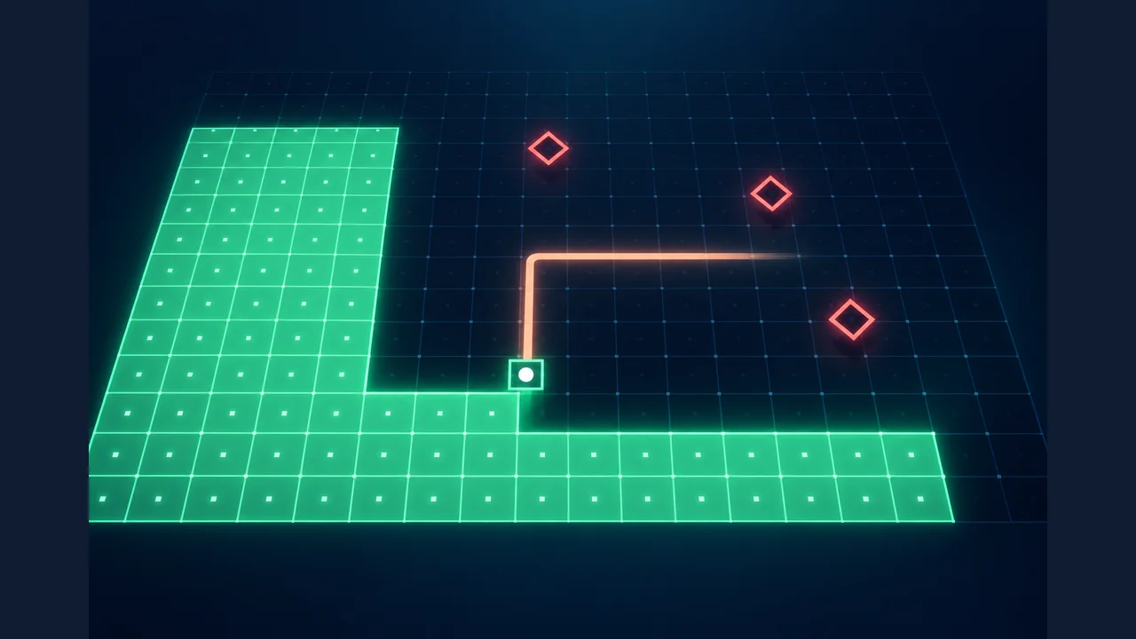 Portada de Neon Frontier con territorio verde, un trazo ámbar y drones rojos sobre una cuadrícula