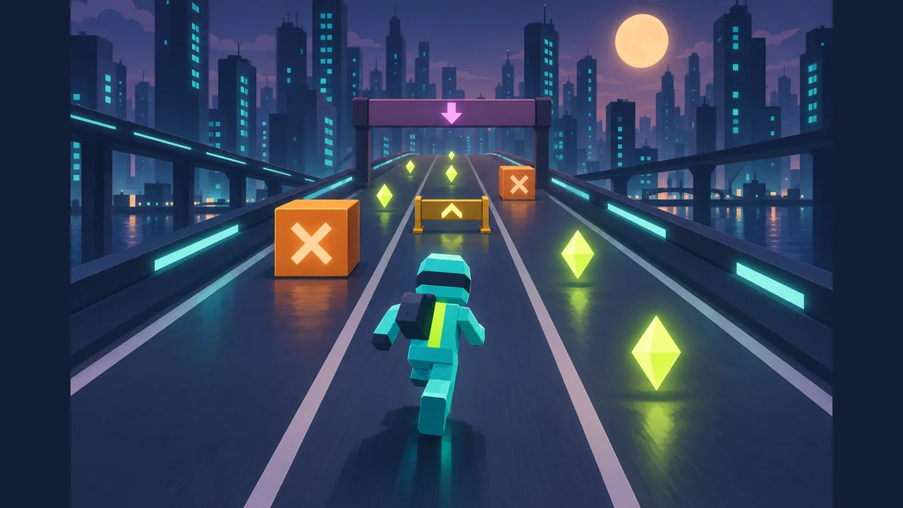 Portada de Neon Relay con un corredor turquesa, energía y obstáculos en tres carriles bajo una ciudad neón