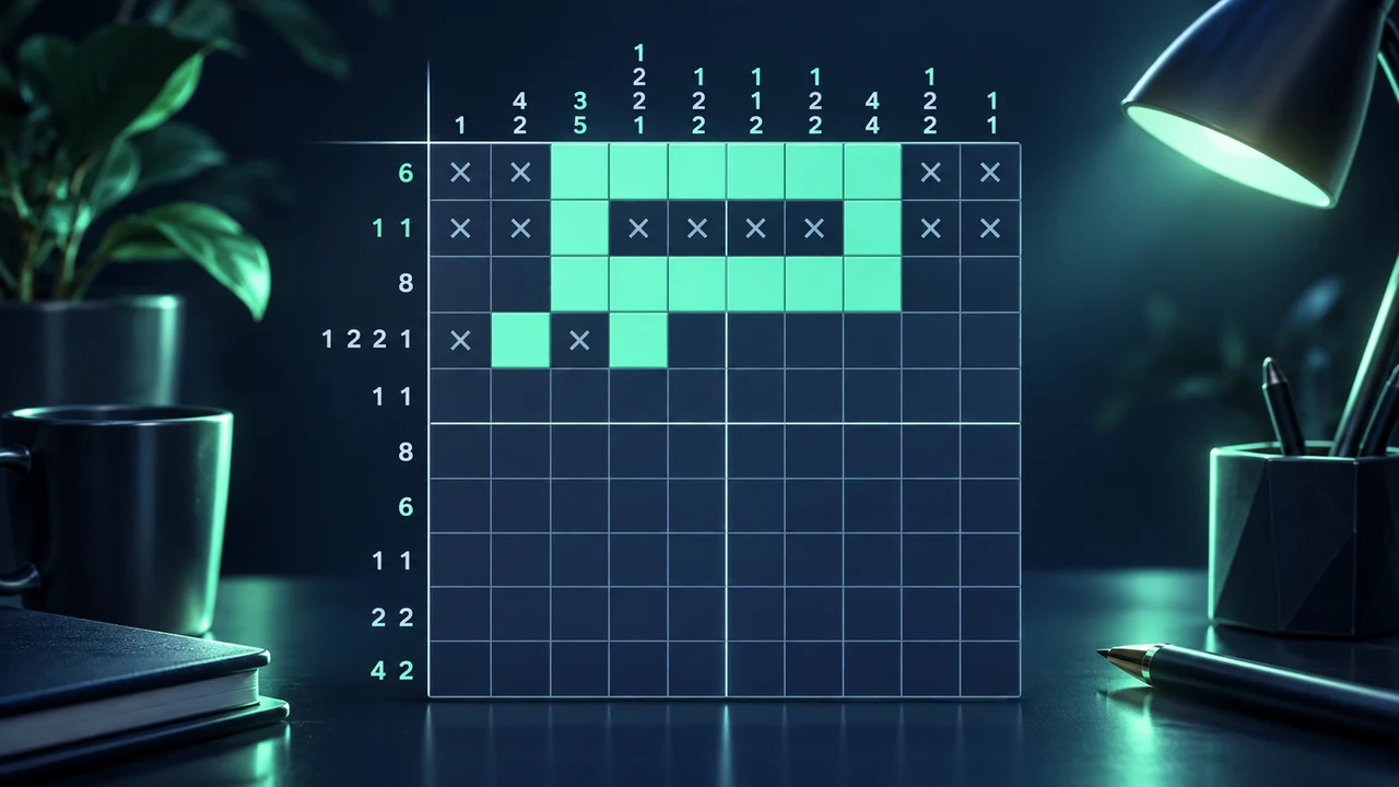 Portada de Nonogram Atelier: casillas menta, marcas en cruz y pistas numéricas en una cuadrícula azul