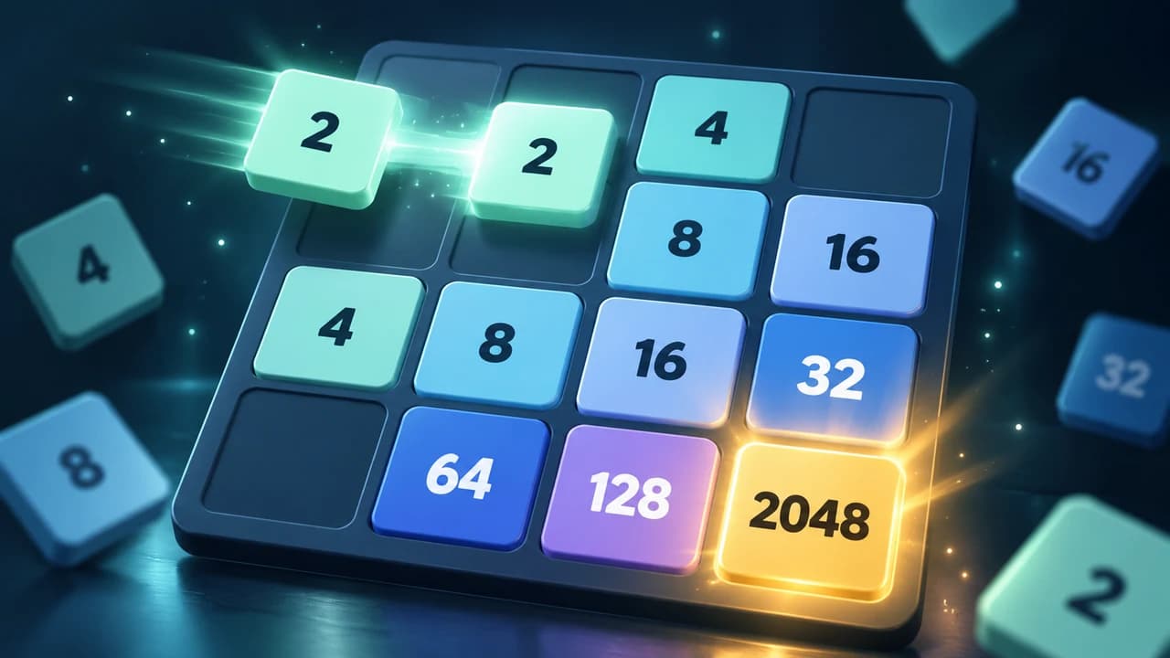 Portada de Number Merge: dos fichas con el número 2 se acercan a un tablero con una ficha 2048 dorada