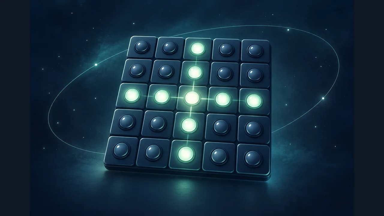 Portada de Orbit Lights con una cuadrícula de luces verdes sobre casillas azul oscuro