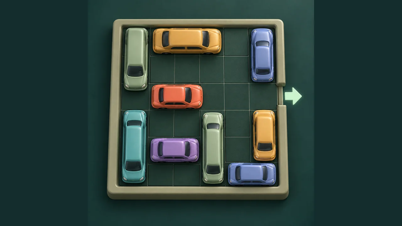 Portada de Desatascar aparcamiento con coches de colores y una salida para el coche coral