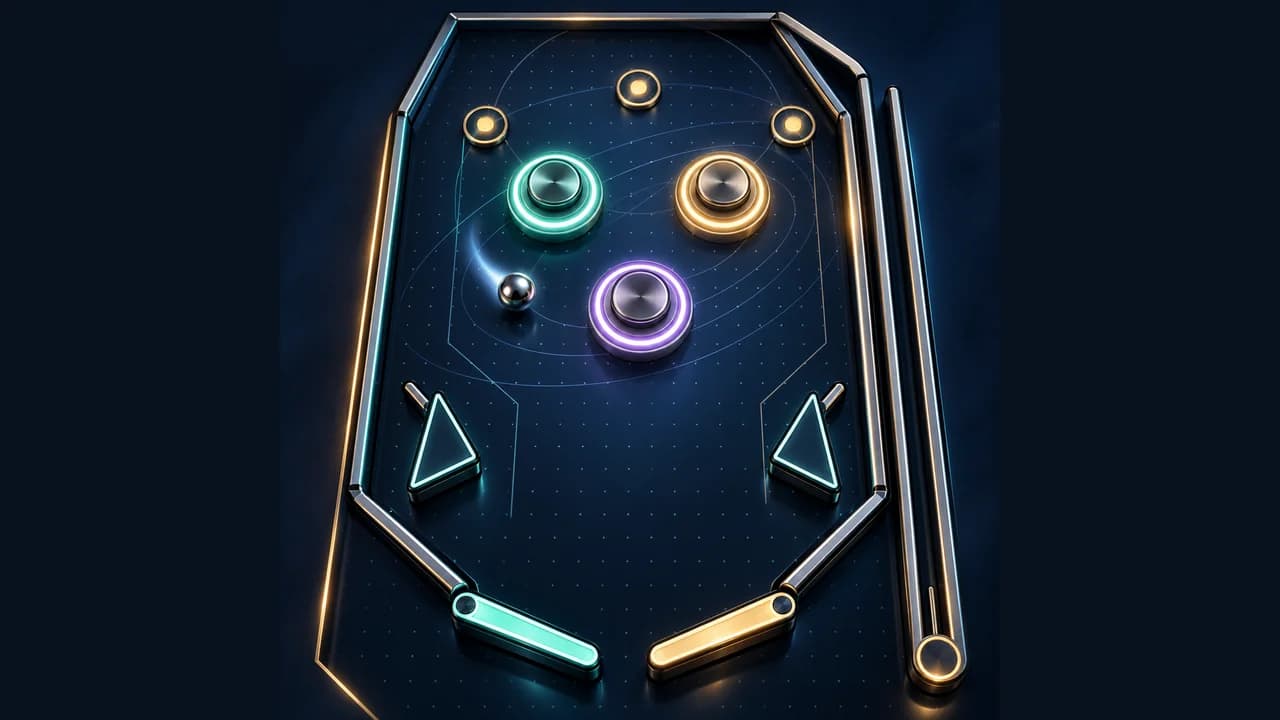 Portada de Pinball Órbita con una bola metálica, bumpers luminosos y flippers sobre una mesa espacial