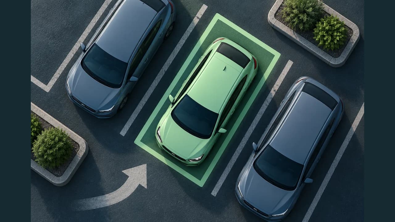 Portada de Aparcamiento de precisión con un coche verde dentro de una plaza entre dos vehículos