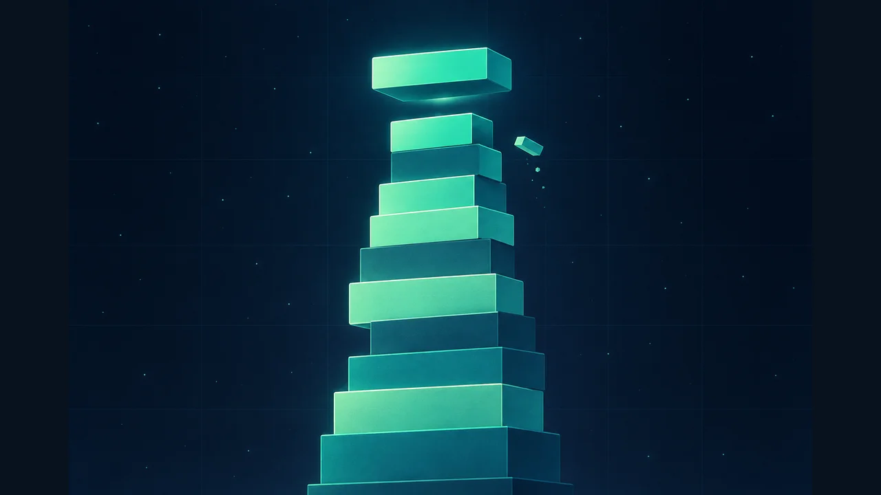 Portada de Torre de precisión con bloques luminosos apilados sobre fondo oscuro