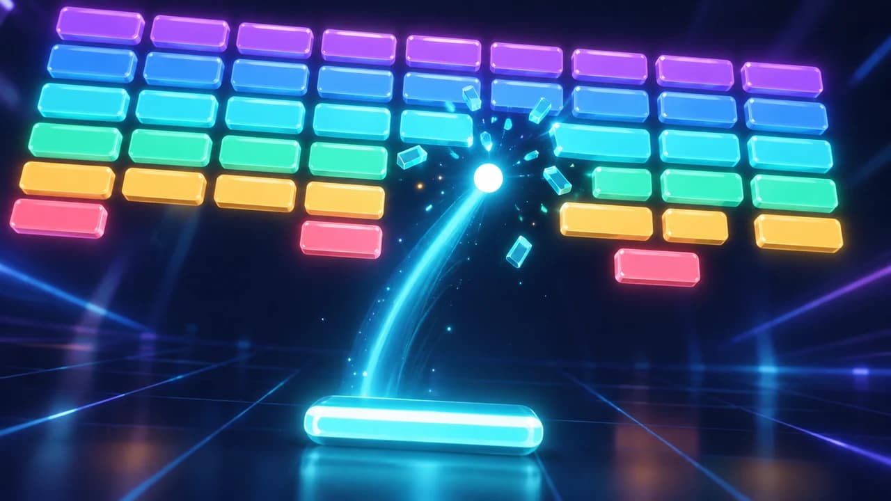 Portada de Prism Breaker: una pala cian devuelve una bola luminosa hacia ladrillos de colores
