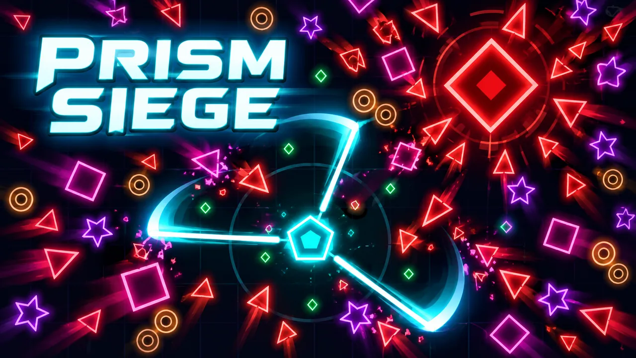 Portada de Prism Siege con un núcleo de neón cian rodeado de enemigos geométricos rojos y violetas