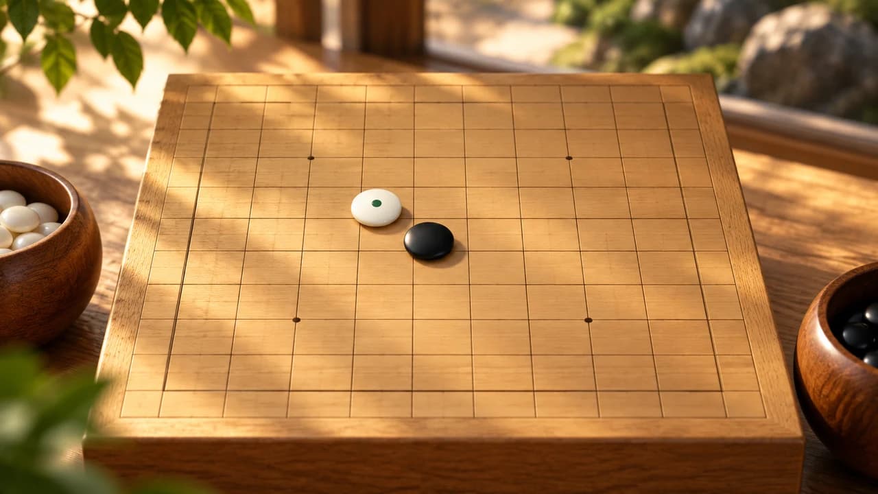 Portada de Quiet Stones Go con piedras blanca y negra sobre un tablero de madera