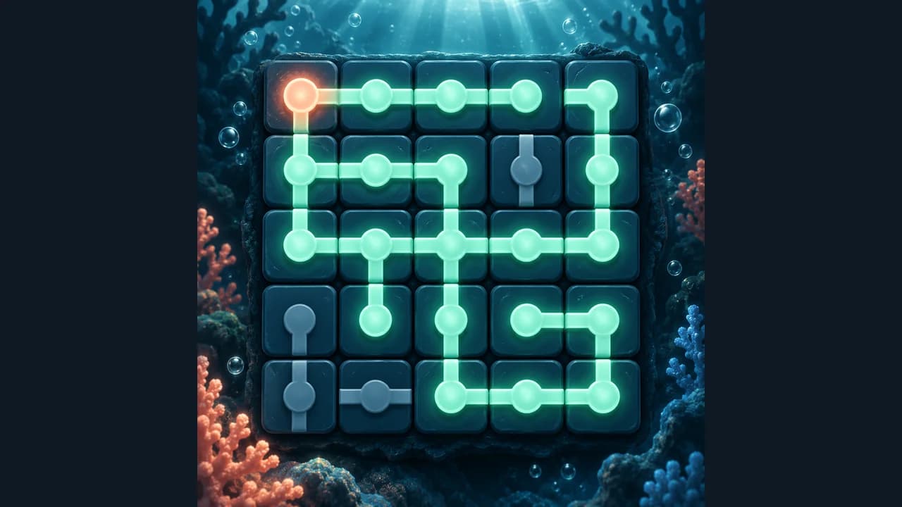 Portada de Reef Relay con conductos turquesa iluminados en un tablero submarino