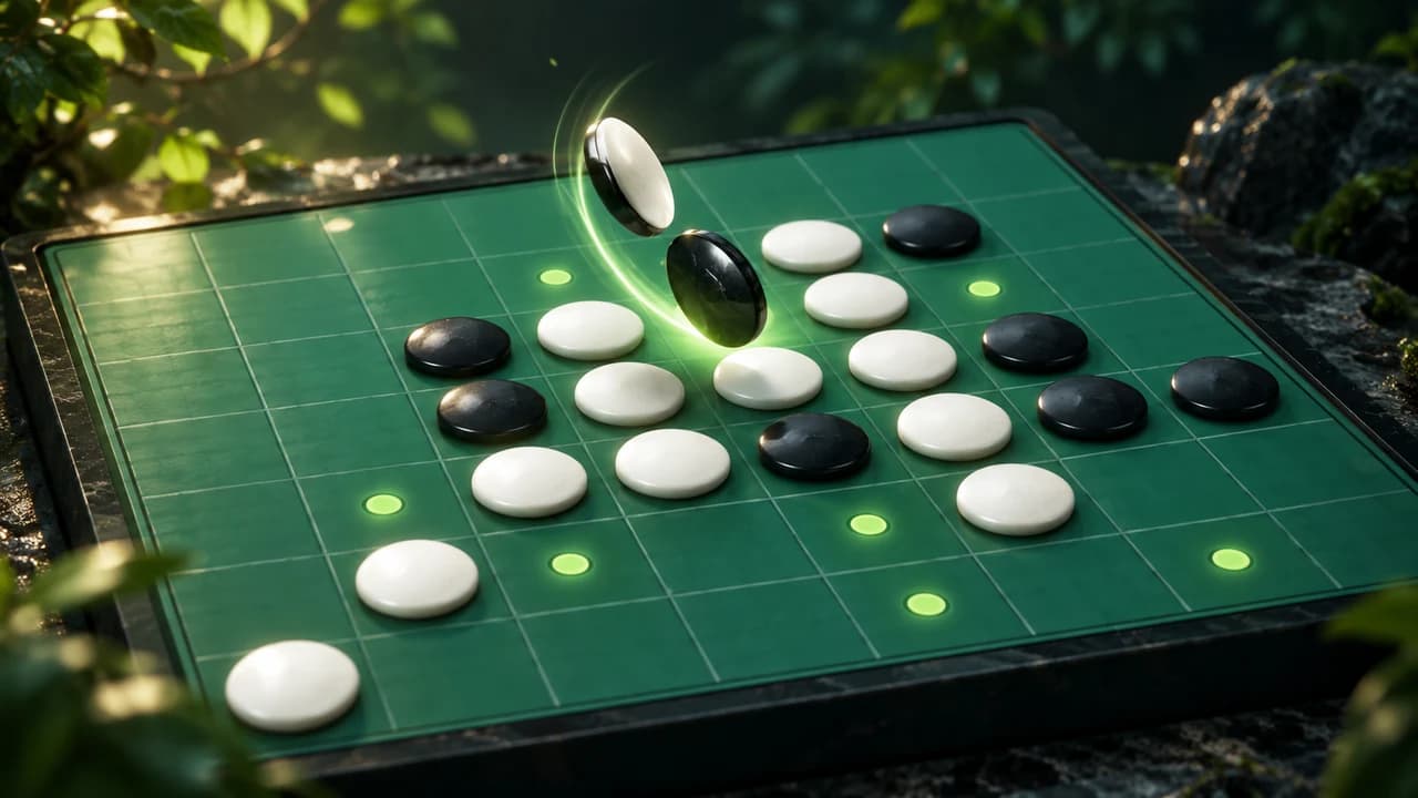 Portada de Reversi: fichas blancas y negras, algunas girando, sobre un tablero verde con puntos luminosos