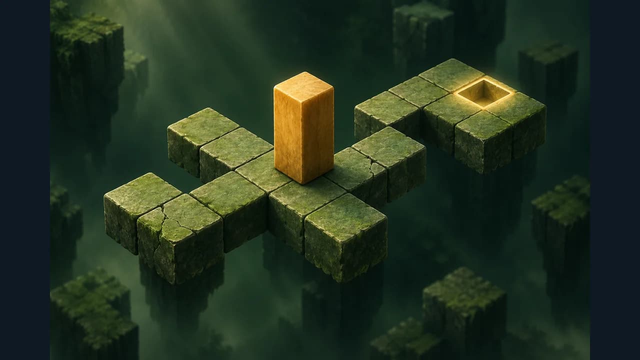 Portada de Bloque rodante con un bloque dorado sobre un camino flotante de piedra