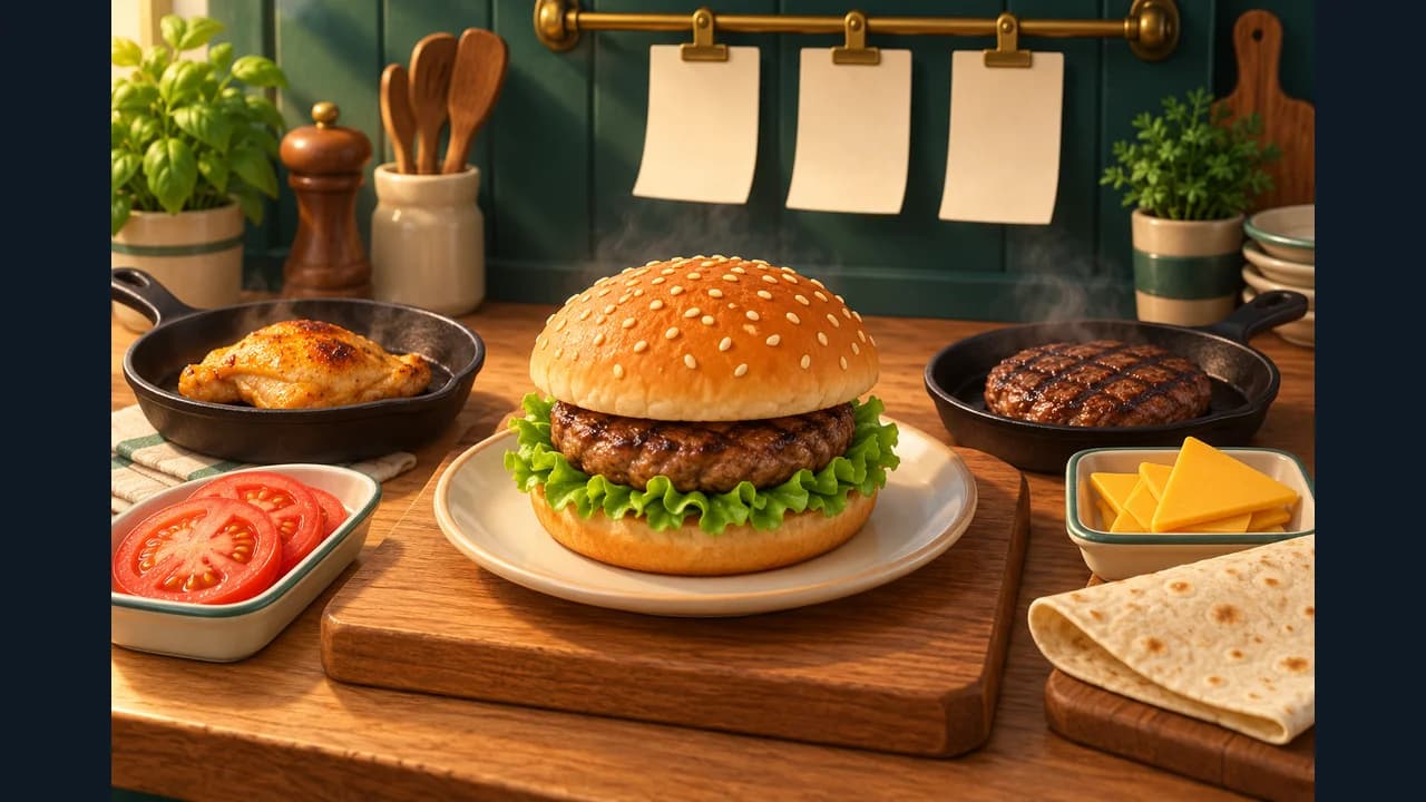 Portada de Cocina al vuelo con una hamburguesa, sartenes e ingredientes en una cocina