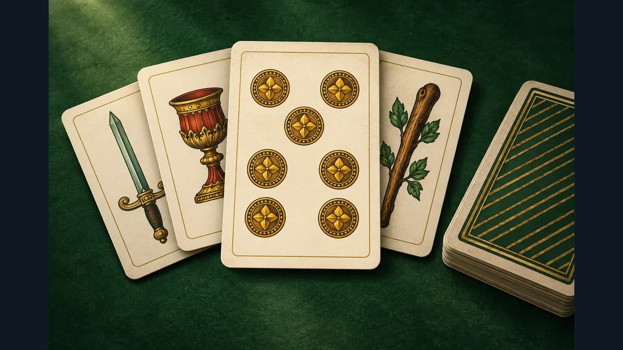 Portada de Scopa con cartas italianas y el siete de oros