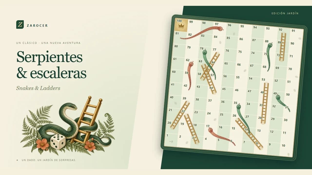 Portada de Serpientes y Escaleras con tablero numerado, serpientes, escaleras y un dado